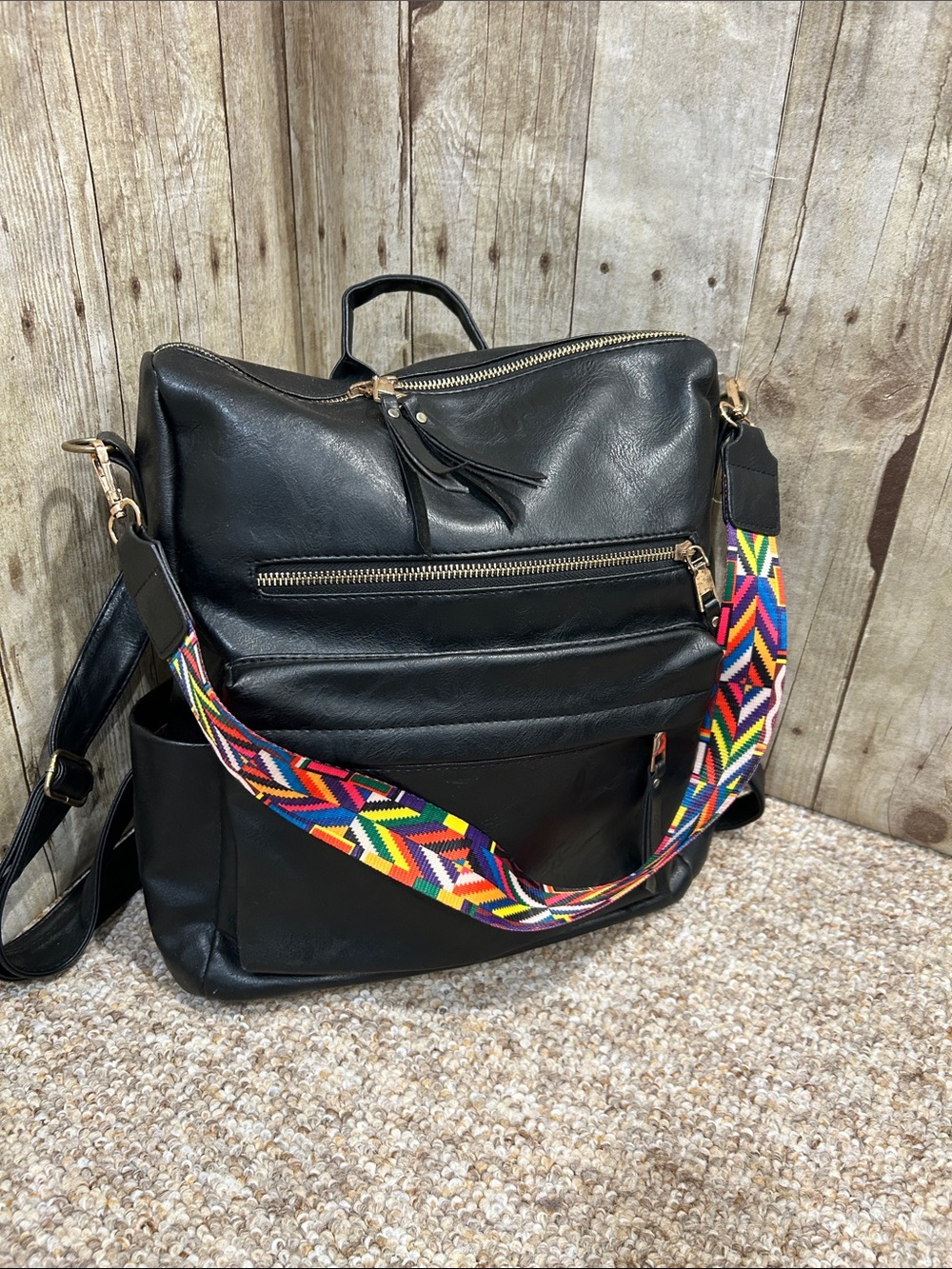 Black Women’s Everyday Backpack Tote with Colorful Strap